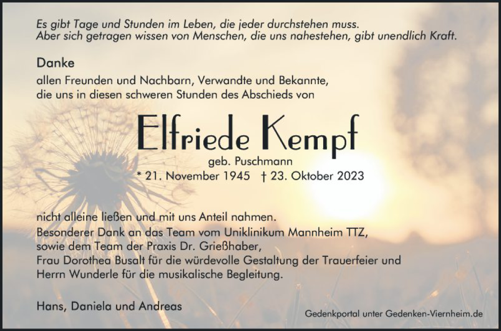  Traueranzeige für Elfriede Kempf vom 25.11.2023 aus Mannheimer Morgen