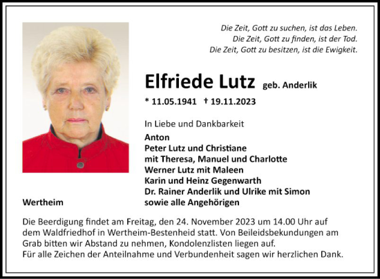 Traueranzeige von Elfriede Lutz von Fränkische Nachrichten