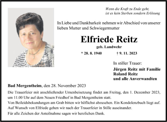 Traueranzeige von Elfriede Reitz von Fränkische Nachrichten