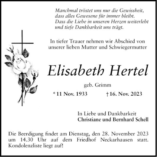 Traueranzeige von Elisabeth Hertel von Mannheimer Morgen