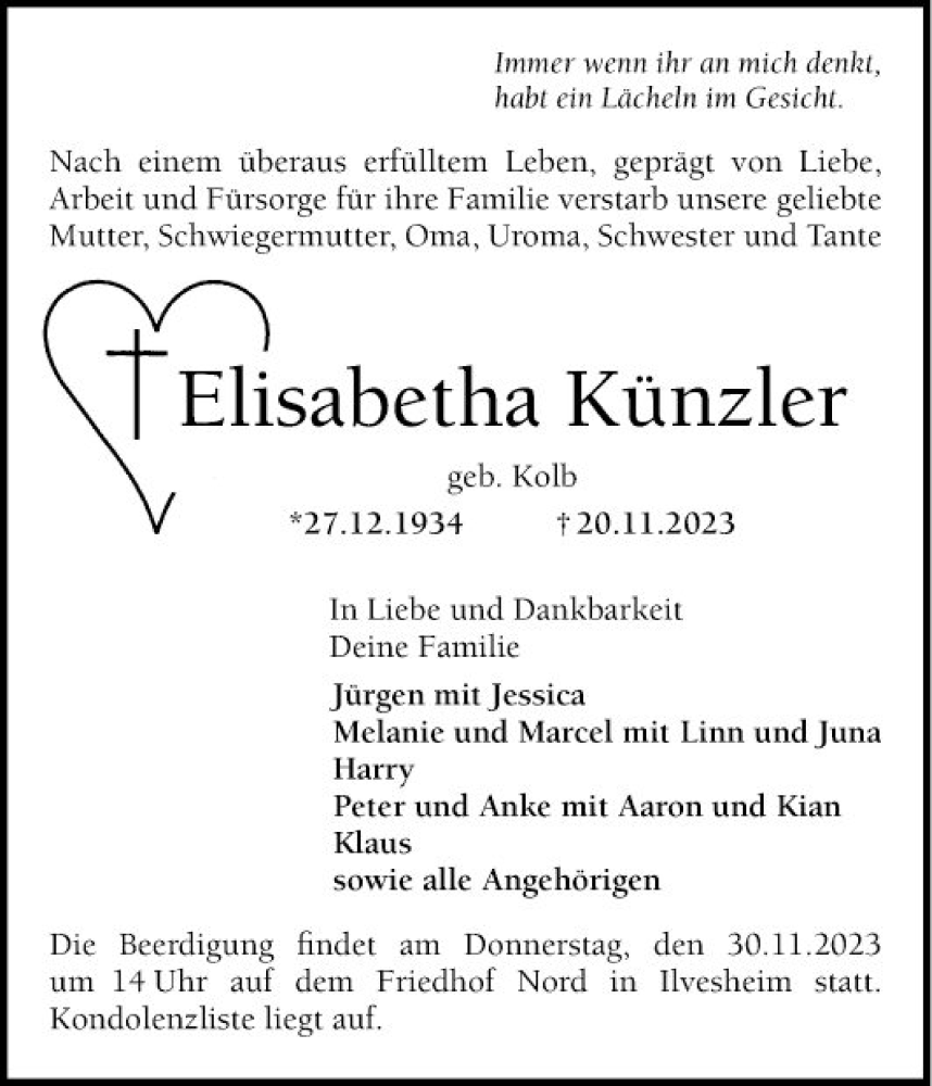  Traueranzeige für Elisabetha Künzler vom 25.11.2023 aus Mannheimer Morgen