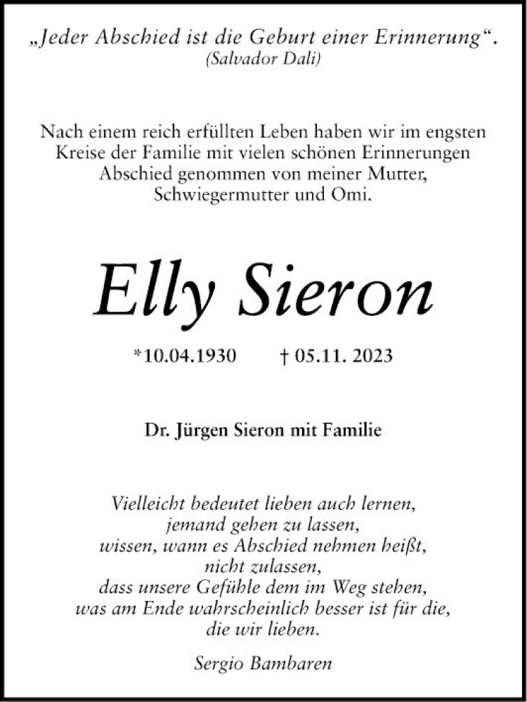  Traueranzeige für Elly Sieron vom 18.11.2023 aus Mannheimer Morgen