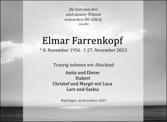 Traueranzeige von Elmar Farrenkopf von Fränkische Nachrichten