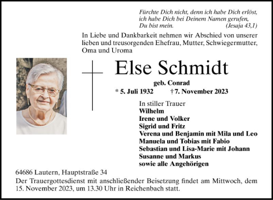 Traueranzeige von Else Schmidt von Bergsträßer Anzeiger