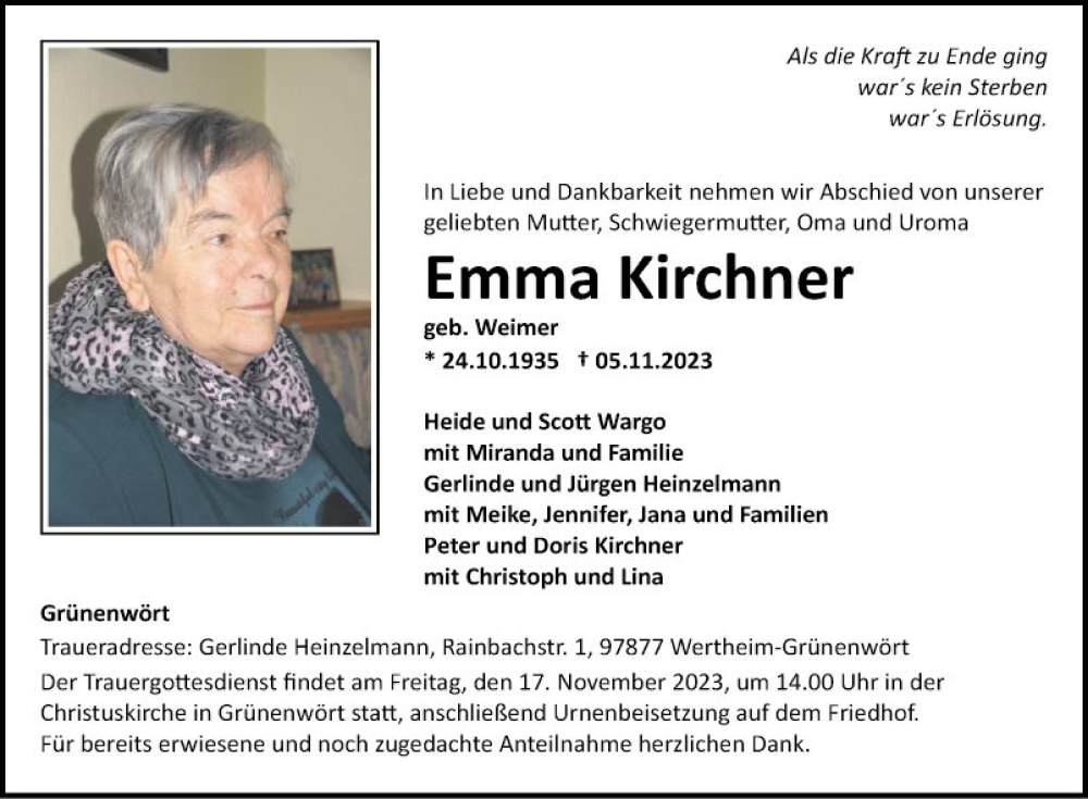  Traueranzeige für Emma Kirchner vom 11.11.2023 aus Fränkische Nachrichten