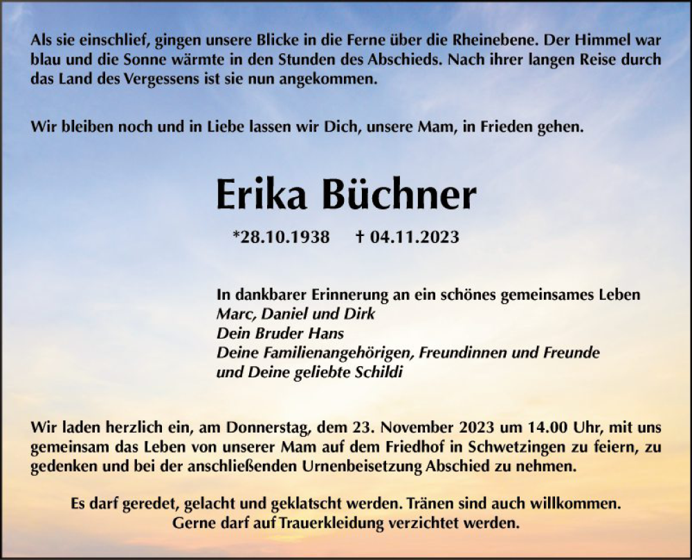  Traueranzeige für Erika Büchner vom 18.11.2023 aus Schwetzinger Zeitung