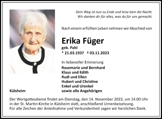 Traueranzeige von Erika Füger von Fränkische Nachrichten