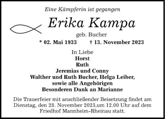 Traueranzeige von Erika Kampa von Mannheimer Morgen