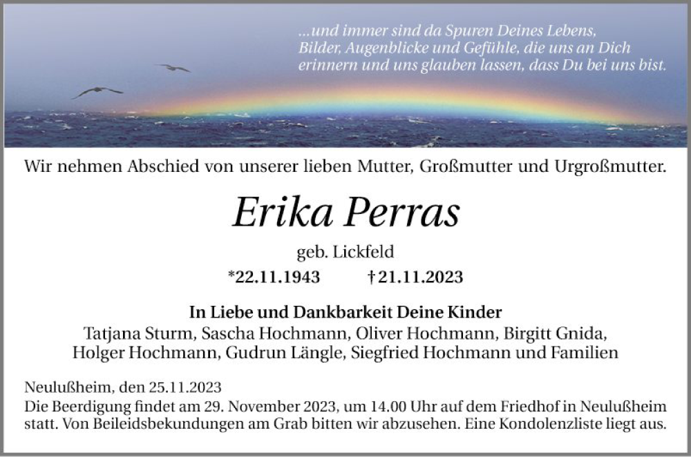  Traueranzeige für Erika Perras vom 25.11.2023 aus Schwetzinger Zeitung