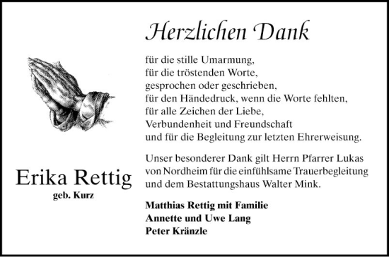 Traueranzeige von Erika Rettig von Bergsträßer Anzeiger