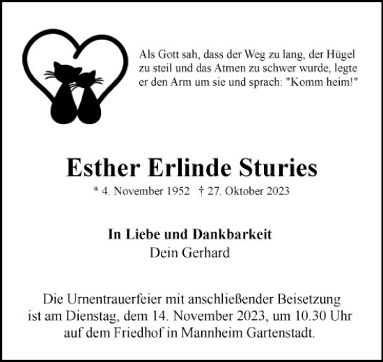 Traueranzeige von Esther Erlinde Sturies von Mannheimer Morgen