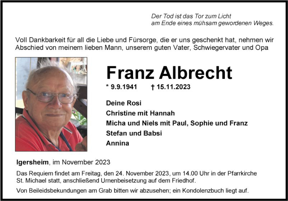  Traueranzeige für Franz Albrecht vom 21.11.2023 aus Fränkische Nachrichten