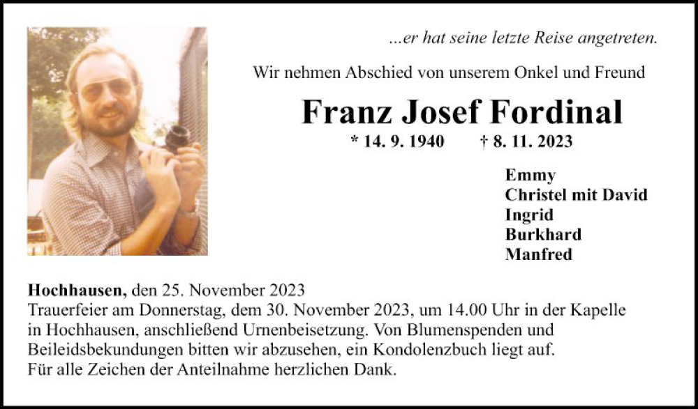  Traueranzeige für Franz Josef Fordinal vom 25.11.2023 aus Fränkische Nachrichten