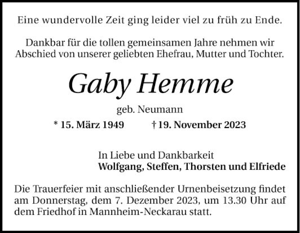  Traueranzeige für Gaby Hemme vom 25.11.2023 aus Mannheimer Morgen