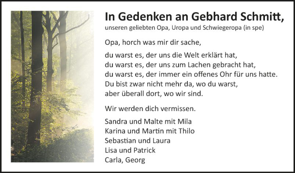  Traueranzeige für Gebhard Schmitt vom 21.11.2023 aus Fränkische Nachrichten