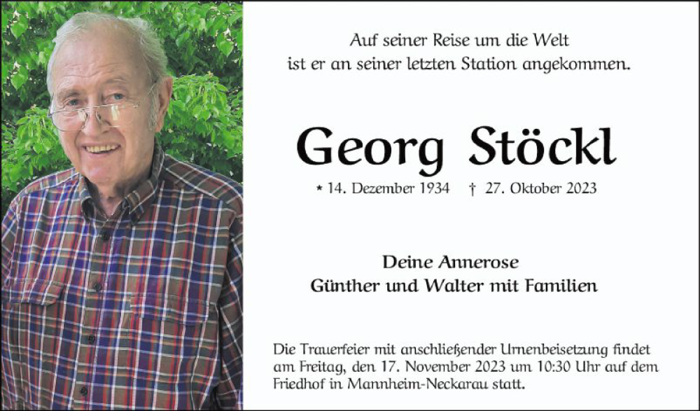  Traueranzeige für Georg Stöckl vom 11.11.2023 aus Mannheimer Morgen