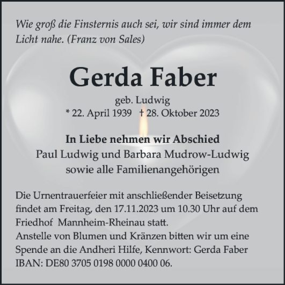  Traueranzeige für Gerda Faber vom 11.11.2023 aus Mannheimer Morgen