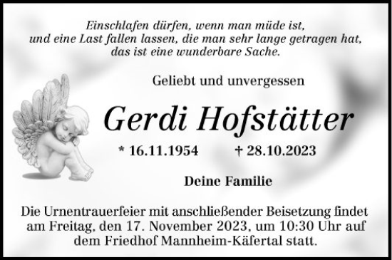 Traueranzeige von Gerdi Hofstätter von Mannheimer Morgen