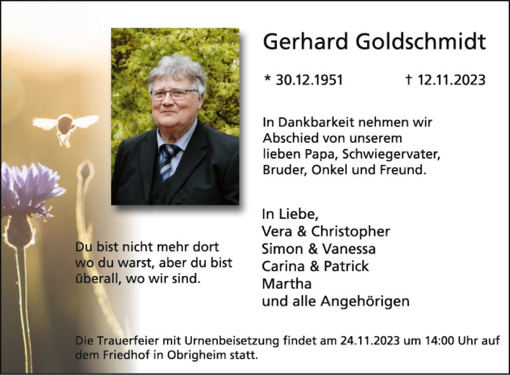  Traueranzeige für Gerhard Goldschmidt vom 18.11.2023 aus Fränkische Nachrichten