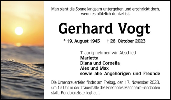 Traueranzeige von Gerhard Vogt von Mannheimer Morgen