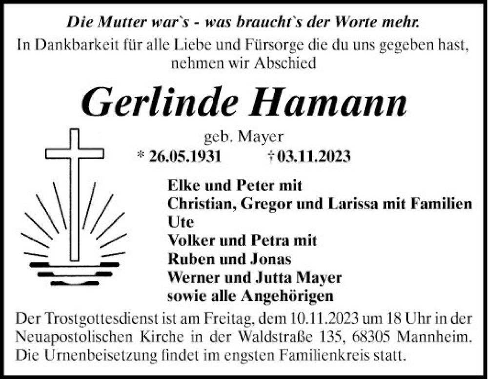  Traueranzeige für Gerlinde Hamann vom 08.11.2023 aus Mannheimer Morgen