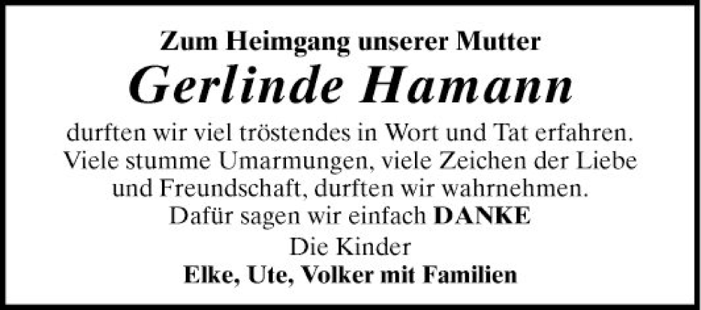  Traueranzeige für Gerlinde Hamann vom 18.11.2023 aus Mannheimer Morgen