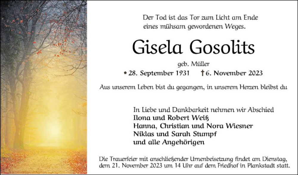  Traueranzeige für Gisela Gosolits vom 18.11.2023 aus Schwetzinger Zeitung