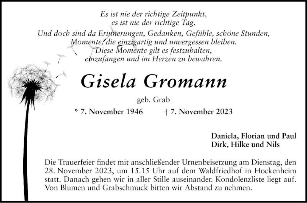  Traueranzeige für Gisela Gromann vom 18.11.2023 aus Schwetzinger Zeitung