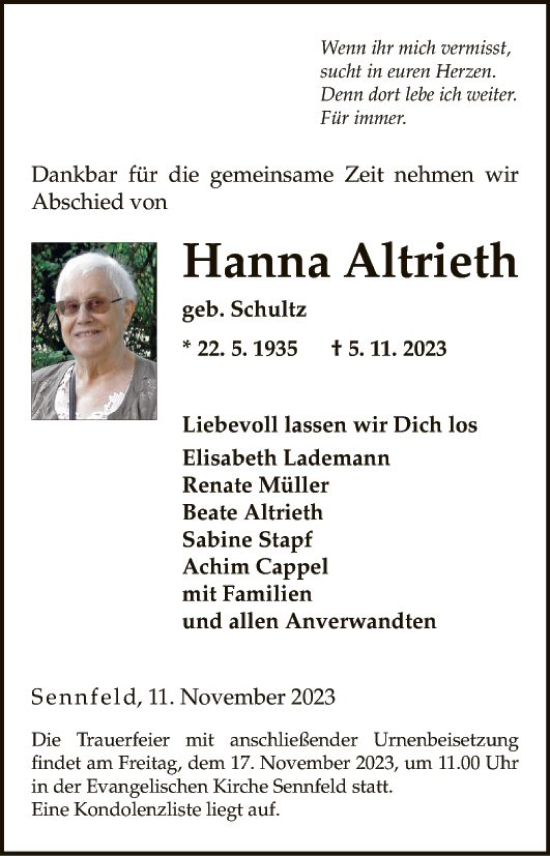Traueranzeige von Hanna Altrieth von Fränkische Nachrichten