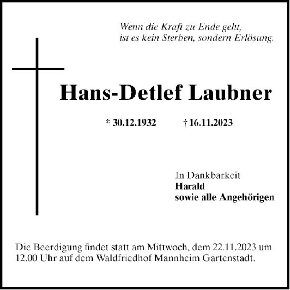  Traueranzeige für Hans-Detlef Laubner vom 18.11.2023 aus Mannheimer Morgen