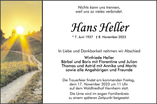 Traueranzeige von Hans Heller von Mannheimer Morgen