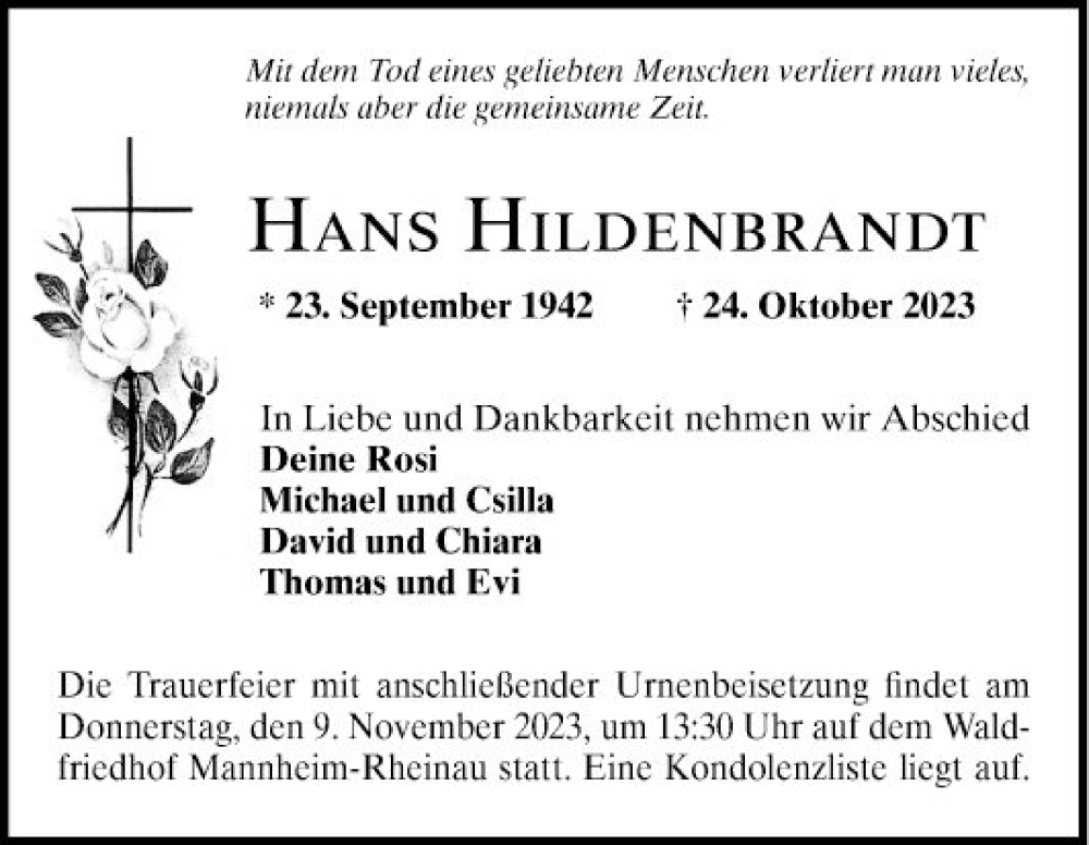  Traueranzeige für Hans Hildenbrandt vom 04.11.2023 aus Mannheimer Morgen