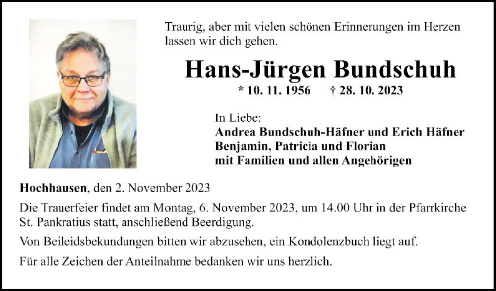  Traueranzeige für Hans-Jürgen Bundschuh vom 02.11.2023 aus Fränkische Nachrichten