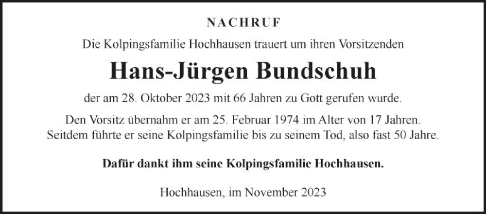  Traueranzeige für Hans-Jürgen Bundschuh vom 03.11.2023 aus Fränkische Nachrichten