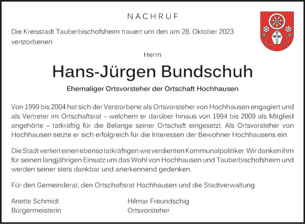  Traueranzeige für Hans-Jürgen Bundschuh vom 04.11.2023 aus Fränkische Nachrichten