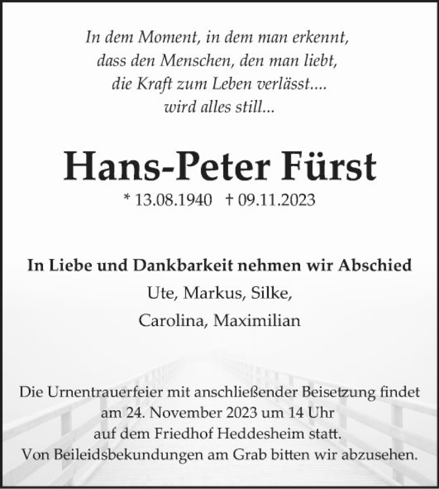  Traueranzeige für Hans-Peter Fürst vom 18.11.2023 aus Mannheimer Morgen