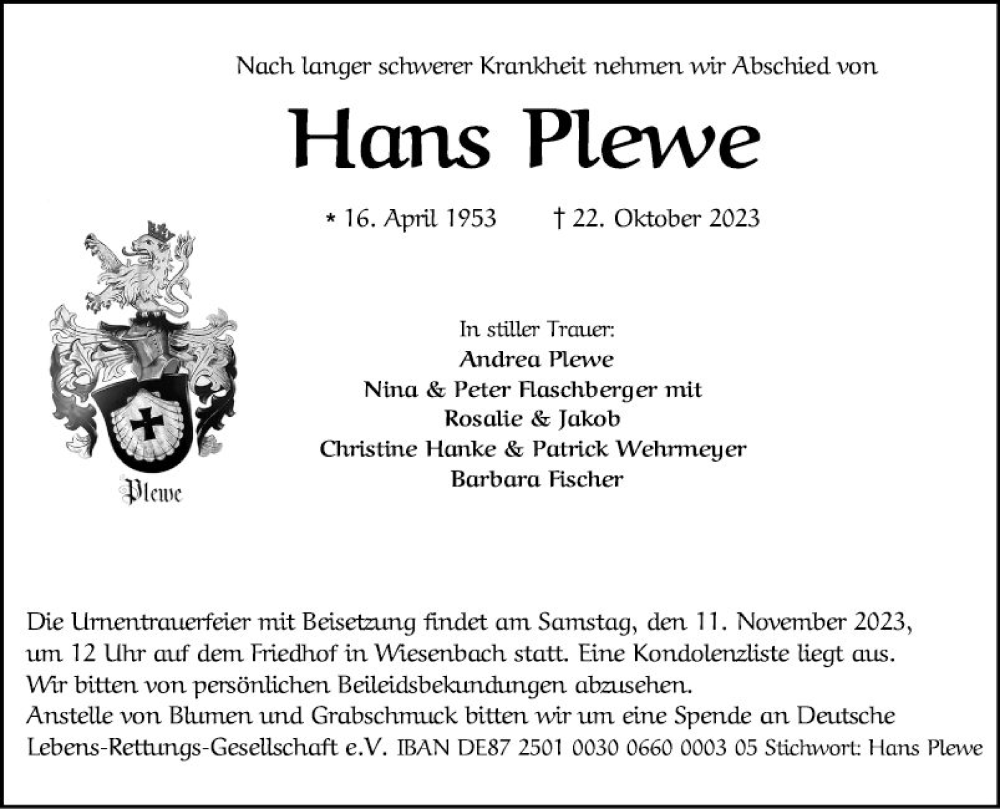  Traueranzeige für Hans Plewe vom 04.11.2023 aus Mannheimer Morgen