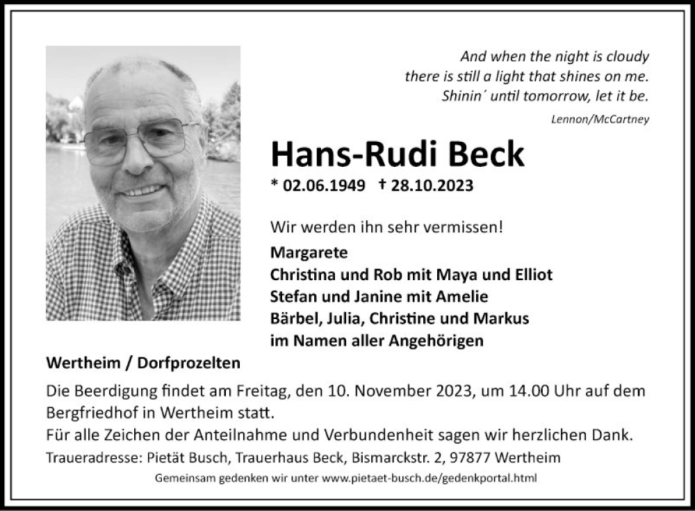  Traueranzeige für Hans-Rudi Beck vom 04.11.2023 aus Fränkische Nachrichten
