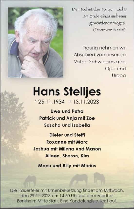 Traueranzeige von Hans Stelljes von Bergsträßer Anzeiger