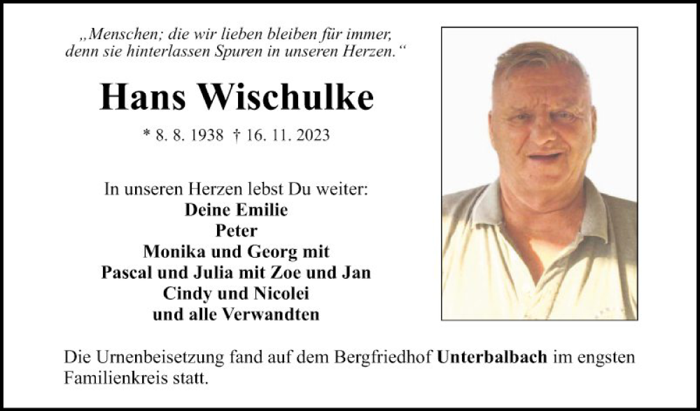  Traueranzeige für Hans Wischulke vom 29.11.2023 aus Fränkische Nachrichten