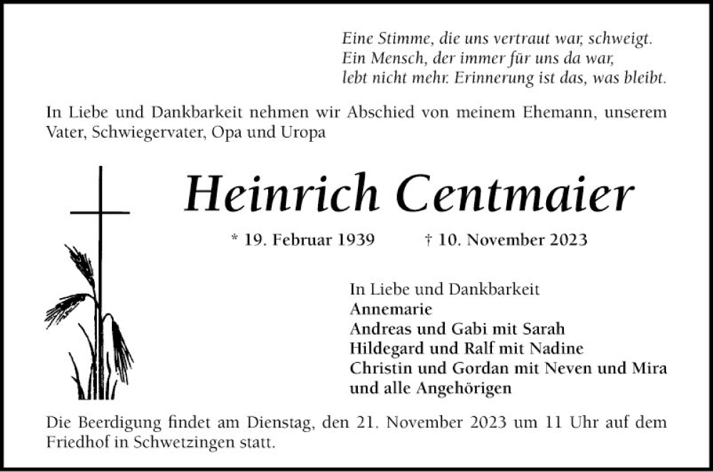 Traueranzeige für Heinrich Centmaier vom 15.11.2023 aus Schwetzinger Zeitung