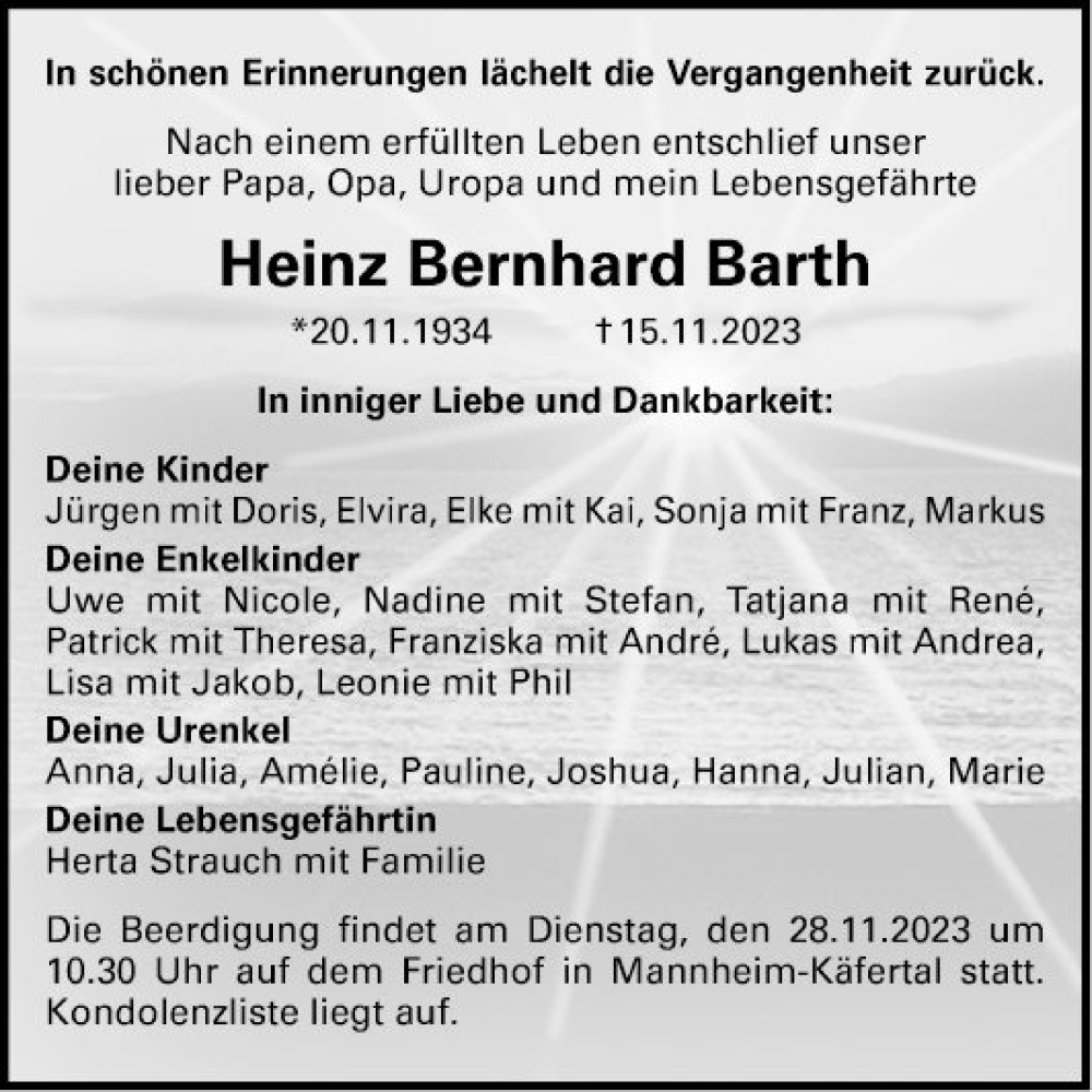  Traueranzeige für Heinz Bernhard Barth vom 25.11.2023 aus Mannheimer Morgen