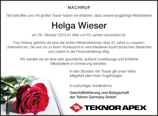 Traueranzeige von Helga Wieser von Fränkische Nachrichten