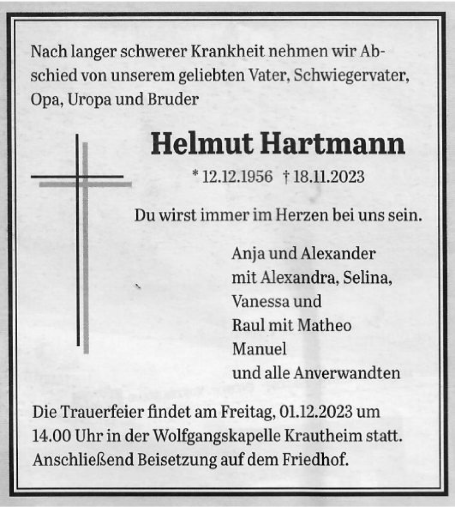  Traueranzeige für Helmut Hartmann vom 29.11.2023 aus Fränkische Nachrichten