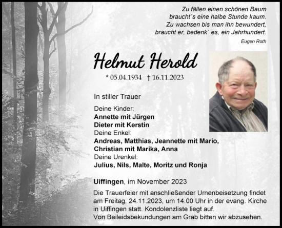 Traueranzeige von Helmut Herold von Fränkische Nachrichten