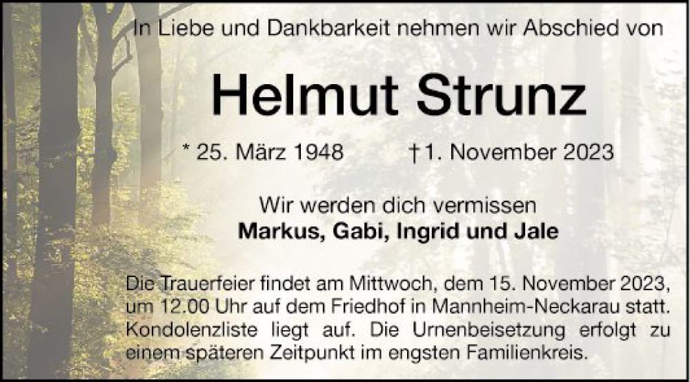  Traueranzeige für Helmut Strunz vom 11.11.2023 aus Mannheimer Morgen