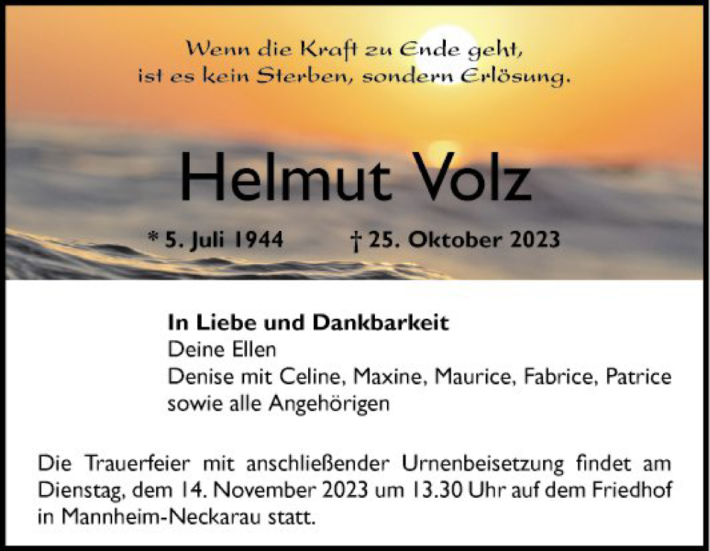  Traueranzeige für Helmut Volz vom 04.11.2023 aus Mannheimer Morgen