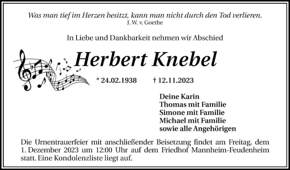 Traueranzeige für Herbert Knebel vom 25.11.2023 aus Mannheimer Morgen