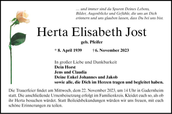 Traueranzeige von Herta Elisabeth Jost von Bergsträßer Anzeiger