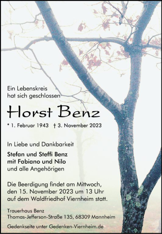 Traueranzeige von Hors Benz von Mannheimer Morgen